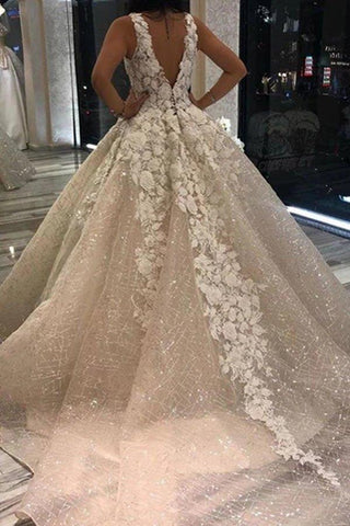 NumberSea Organza Ballkleid Blumen Brautkleid mit V-Ausschnitt und Pailletten verziert, MW385