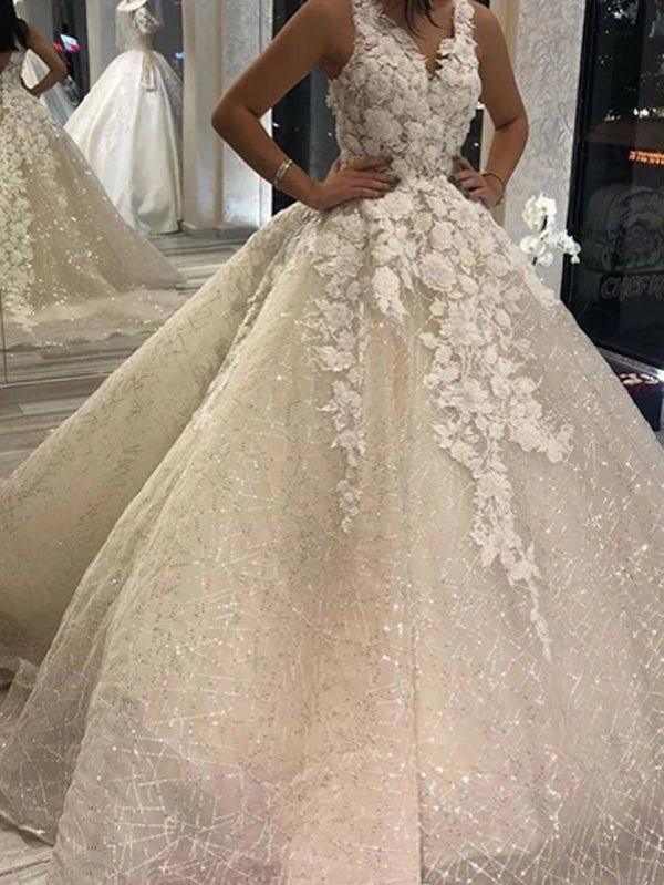 NumberSea Organza Ball Gown Floral Wedding Dress With V-neck and Sequins Decorated,MW385