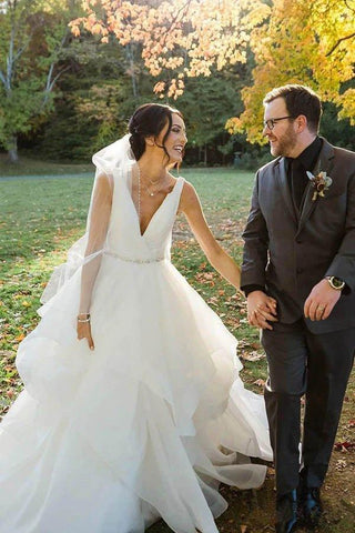 NumberSea Organza V-Ausschnitt Ballkleid Brautkleid mit Rüschen Perlenbesatz Brautkleid, MW459