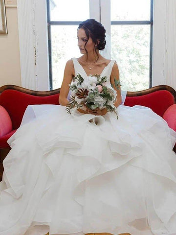 NumberSea Organza V-Ausschnitt Ballkleid Brautkleid mit Rüschen Perlenbesatz Brautkleid, MW459