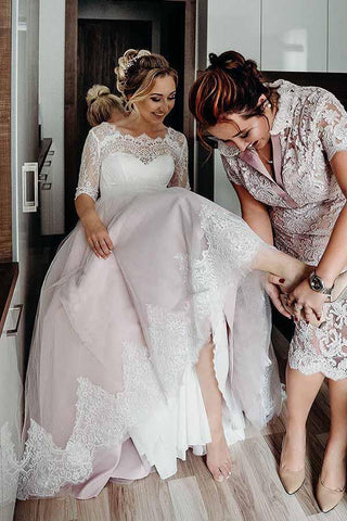 NumberSea Rosa Tüll Spitze Rückenfrei Halbarm Schnürung Brautkleider, Brautkleid, MW742