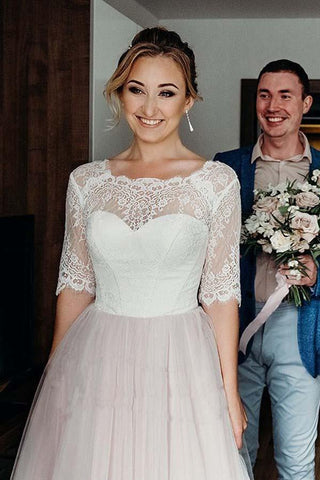 NumberSea Rosa Tüll Spitze Rückenfrei Halbarm Schnürung Brautkleider, Brautkleid, MW742
