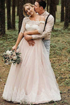 NumberSea Pink Tulle Lace Backless Half Sleeves Lace Up Wedding Dresses, Bridal Gown, MW742