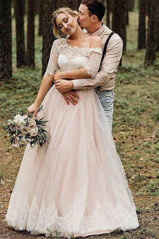 NumberSea Rosa Tüll Spitze Rückenfrei Halbarm Schnürung Brautkleider, Brautkleid, MW742