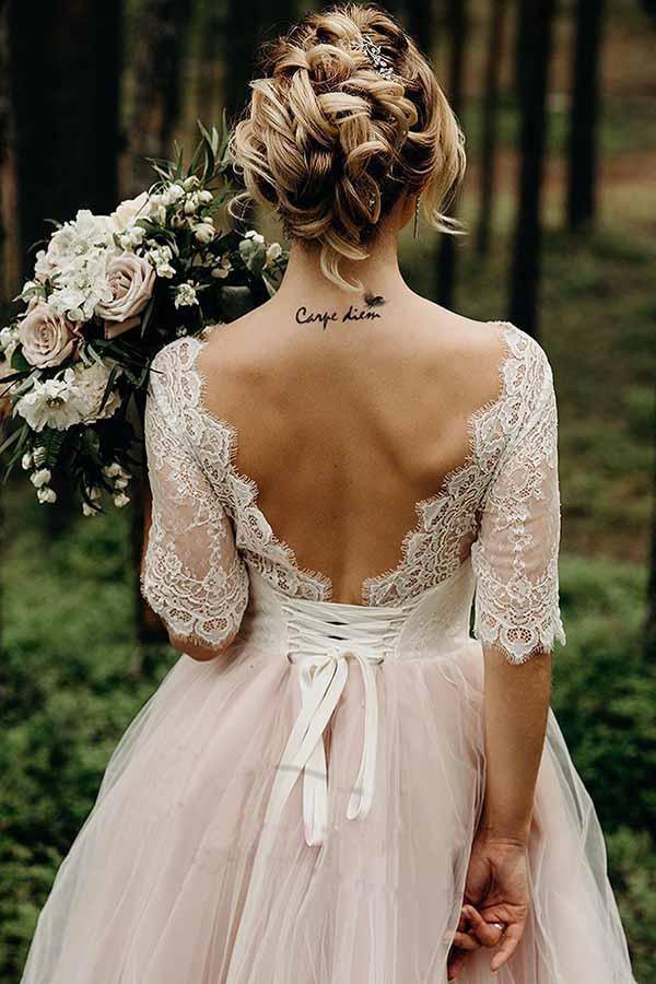 NumberSea Pink Tulle Lace Backless Half Sleeves Lace Up Wedding Dresses, Bridal Gown, MW742