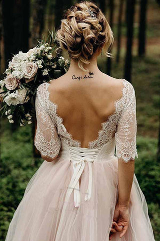 NumberSea Rosa Tüll Spitze Rückenfrei Halbarm Schnürung Brautkleider, Brautkleid, MW742