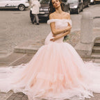 NumberSea Pink Tulle Mermaid Wedding Dress Women Off the Shoulder