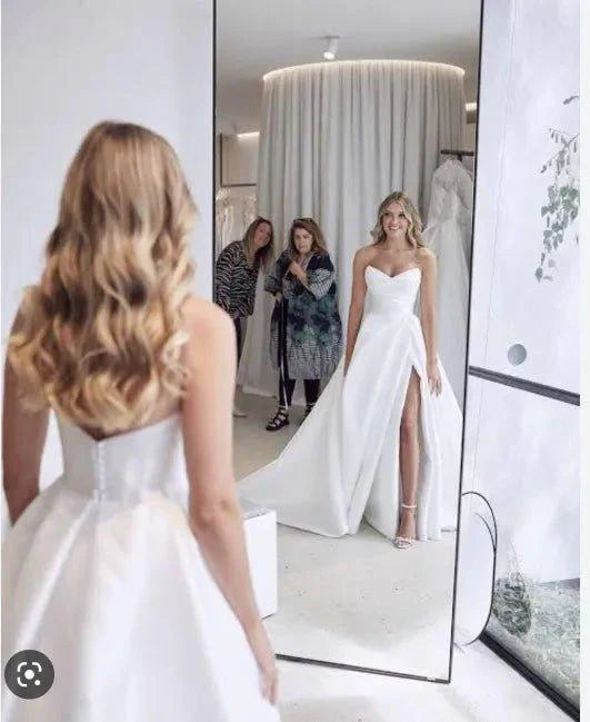 NumberSea Pleat Sweetheart A Line Wedding Dresses Side Slit Vestido De Noiva Satin Appliqued Women Bridal Dresses