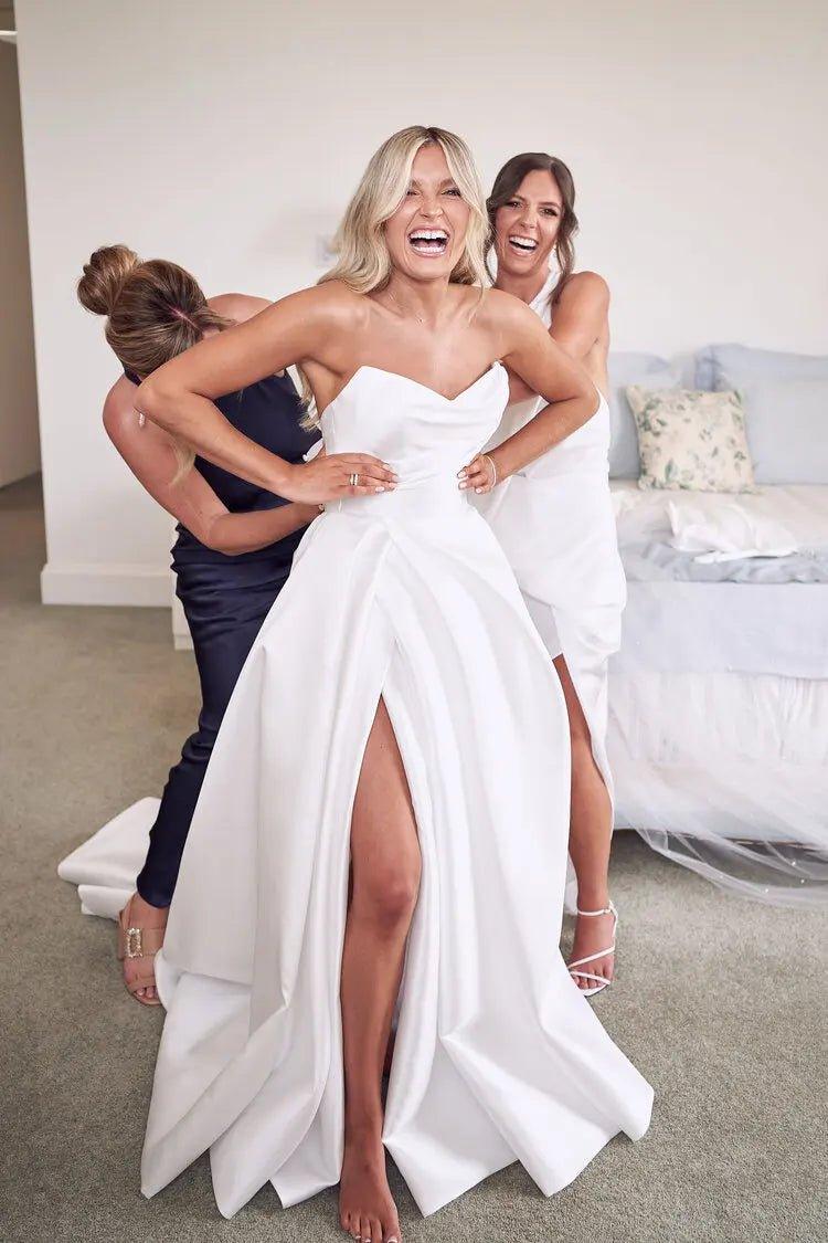 NumberSea Pleat Sweetheart A Line Wedding Dresses Side Slit Vestido De Noiva Satin Appliqued Women Bridal Dresses