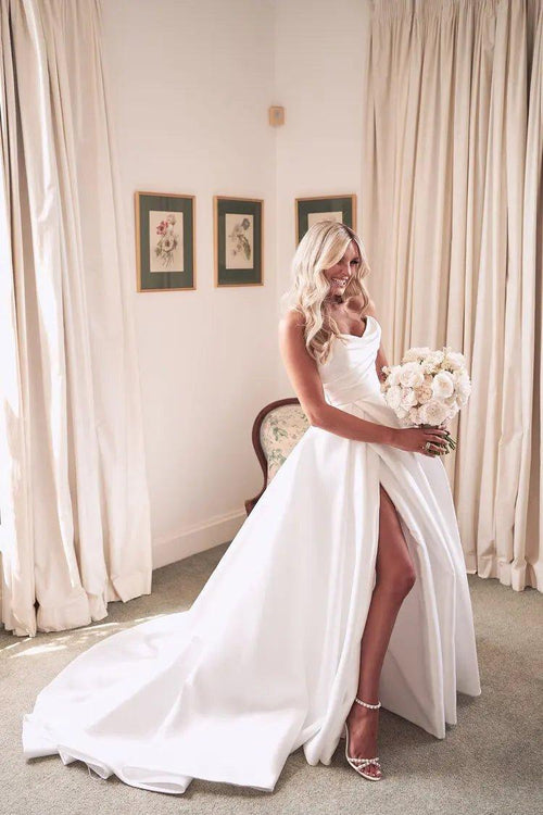 NumberSea Robe de mariée plissée décolleté cœur ligne A avec fente latérale Vestido De Noiva en satin avec appliqués pour femmes