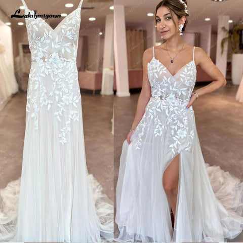 NumberSea Tiefer Ausschnitt, Spitzenapplikationen, offener Rücken, Brautkleid mit V-Ausschnitt, Spaghettiträgern, 2025 Brautkleid, Robe de Soirée 