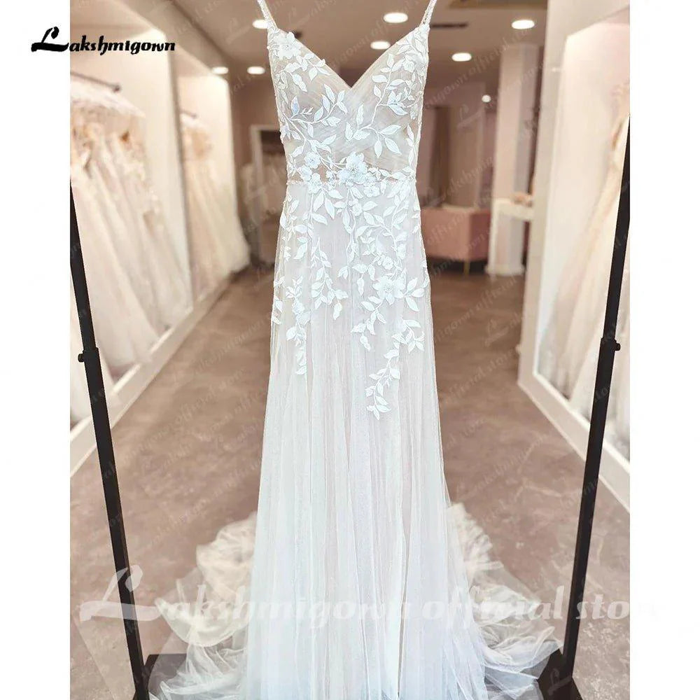 NumberSea Plunging Lace Appliques Open Back Wedding Dress V Neck Spaghetti Straps 2025 Bride Wedding Dress robe de soirée