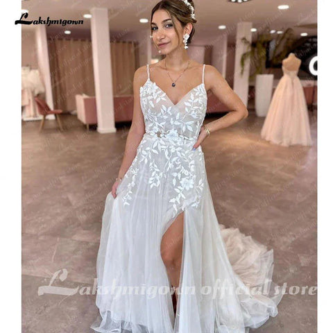 NumberSea Tiefer Ausschnitt, Spitzenapplikationen, offener Rücken, Brautkleid mit V-Ausschnitt, Spaghettiträgern, 2025 Brautkleid, Robe de Soirée 
