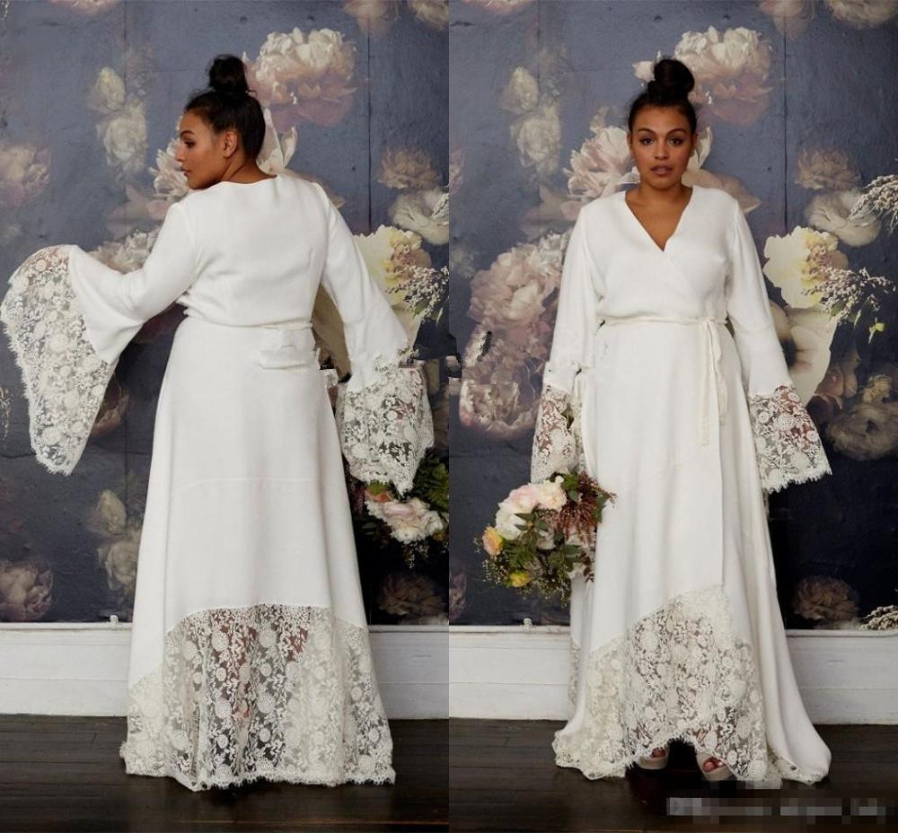 NumberSea Plus Size Hippie Wedding Dresses with Long Bell Sleeve