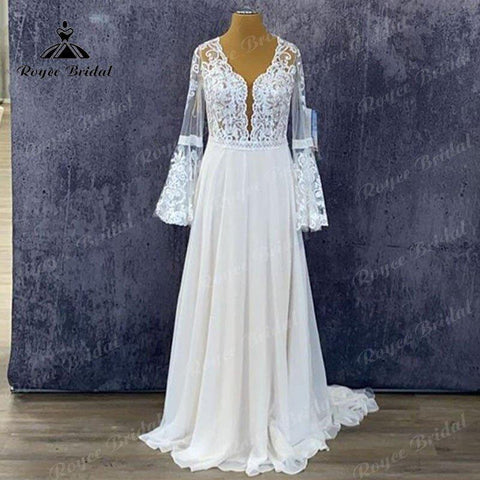 NumberSea Plus Size Lange Puffärmel Spitze Chiffon A-Linie Brautkleid Rückenfrei 2025 Elegantes Brautkleid Vestidos de Novia Sweep Zug 