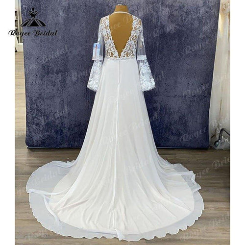 Vestido de novia elegante 2025 sin espalda con mangas abullonadas largas talla grande, línea A, encaje y chiffon, cola barrida