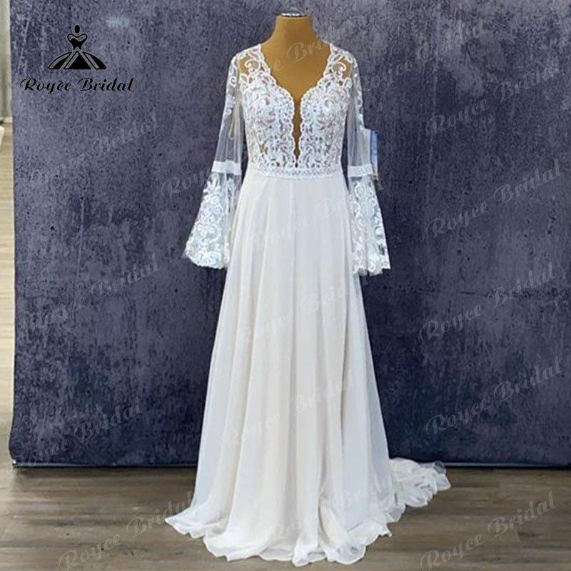 NumberSea Plus Size Long Puff Sleeve Lace Chiffon A Line Wedding Dress Backless 2025 Elegant Bridal Gown vestidos de novia Sweep Train