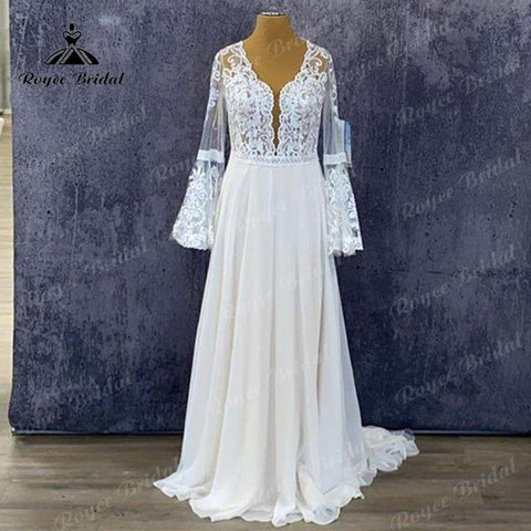 NumberSea Plus Size Lange Puffärmel Spitze Chiffon A-Linie Brautkleid Rückenfrei 2025 Elegantes Brautkleid Vestidos de Novia Sweep Zug 