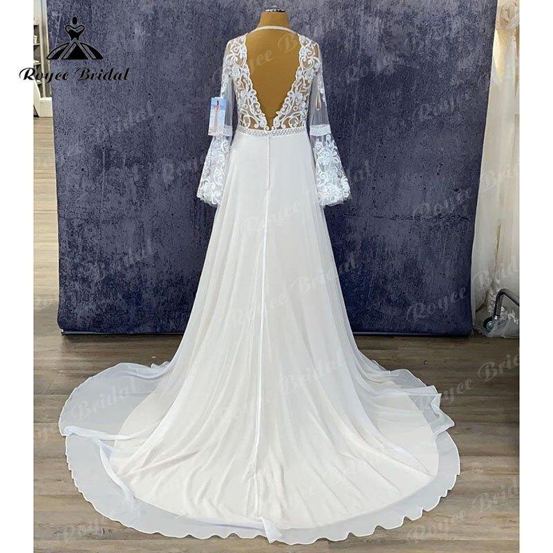 NumberSea Plus Size Long Puff Sleeve Lace Chiffon A Line Wedding Dress Backless 2025 Elegant Bridal Gown vestidos de novia Sweep Train