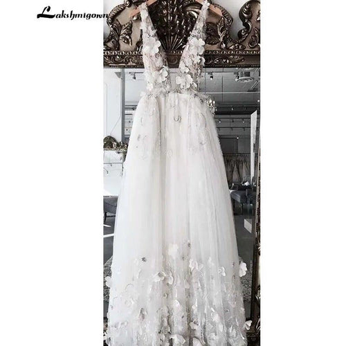 NumberSea Jolie Robe de Mariée Femme avec Perles Fleurs 3D, Dos Nu Dentelle Sexy, Robe de Plage pour Mariage, Vestido De Noiva Casamento