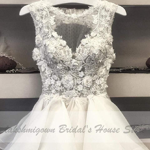 NumberSea Pretty Organza Ruffles Wedding Dress Short Vintage Lace Flowers