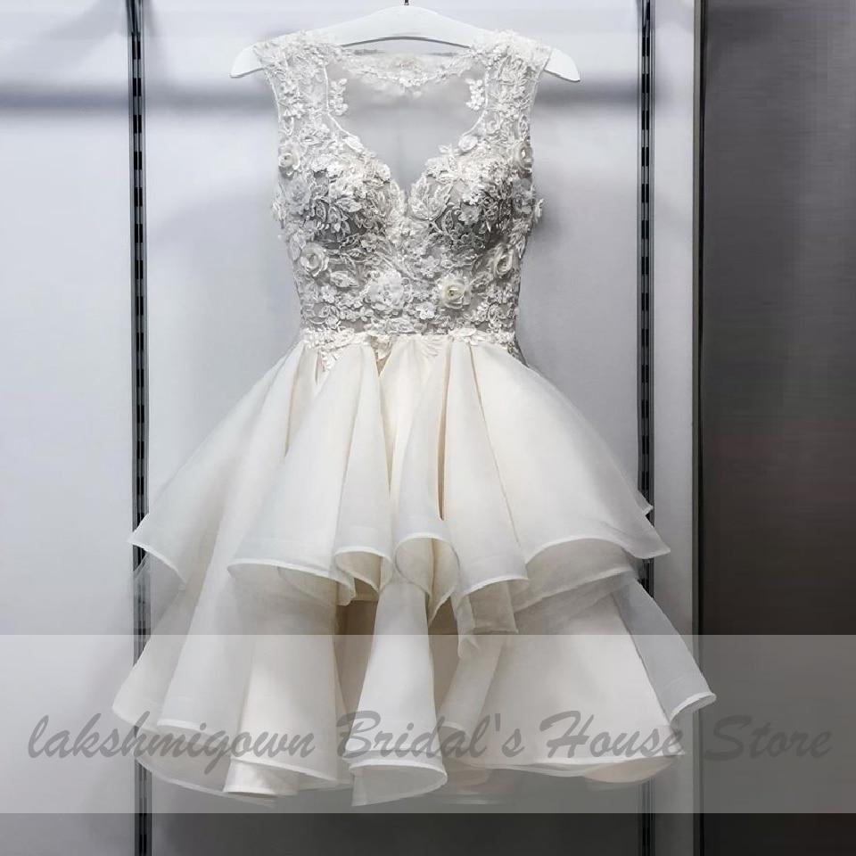 NumberSea Pretty Organza Ruffles Wedding Dress Short Vintage Lace Flowers