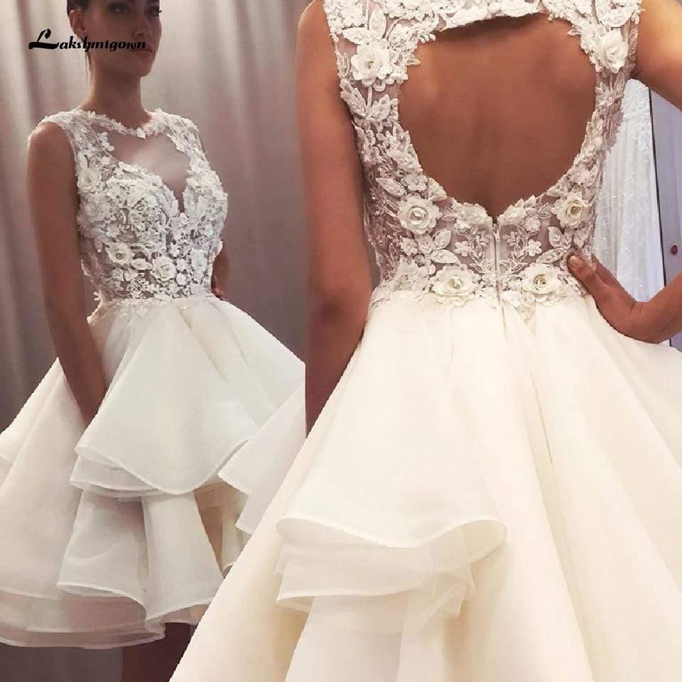 NumberSea Pretty Organza Ruffles Wedding Dress Short Vintage Lace Flowers