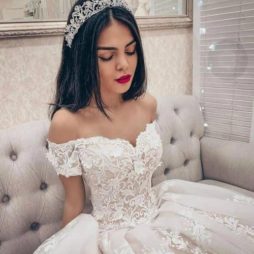 NumberSea Princess Robe de Mariée à Panier 2021 Robe de Mariée Épaules Dénudées Appliqués de Dentelle