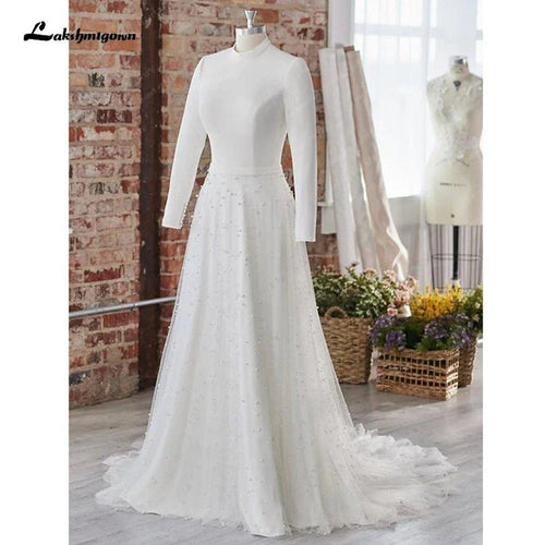 NumberSea Princess Maniche Lunghe Perle Abito da Sposa per donna 2024 Bianco Sporco Tulle Linea A Abiti da Sposa Collo Alto vestido blan