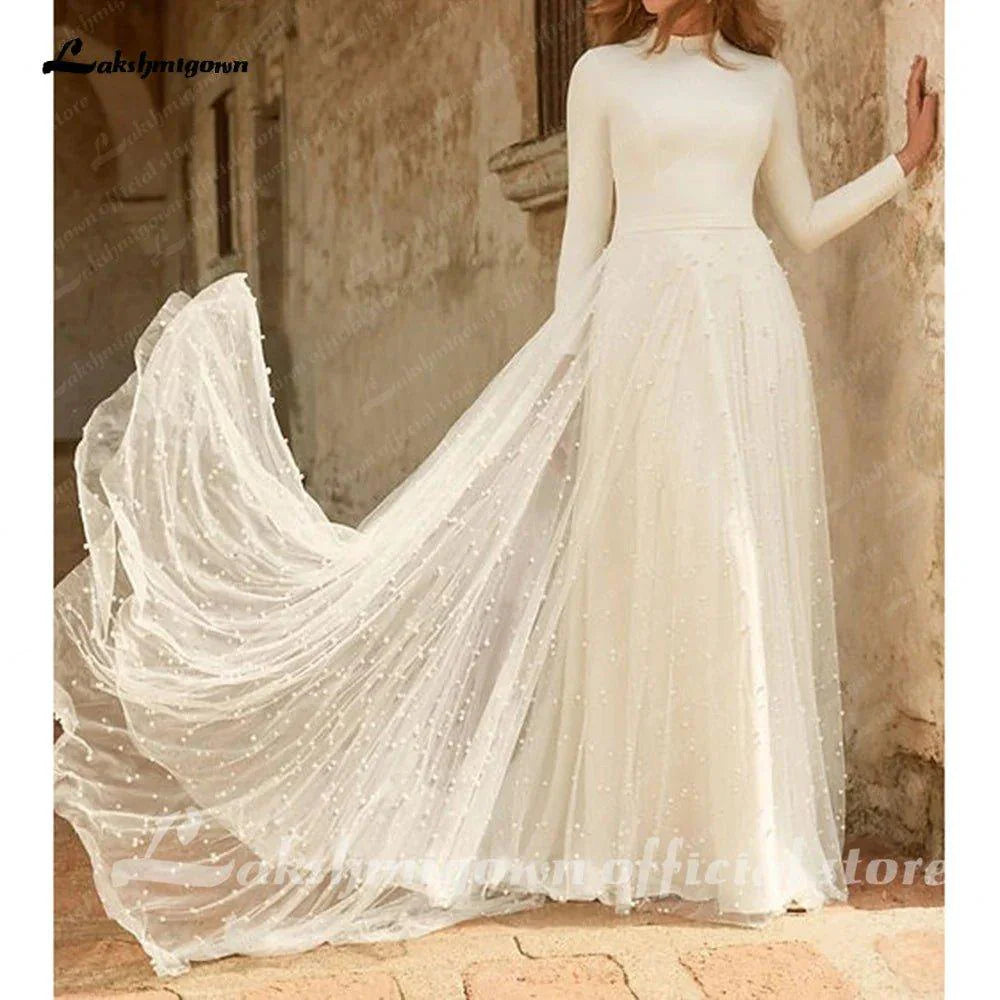 NumberSea Princess Long Sleeves Pearls Wedding Dress for women 2024 Off White Tulle A Line Bridal Gowns High Neck vestido blan