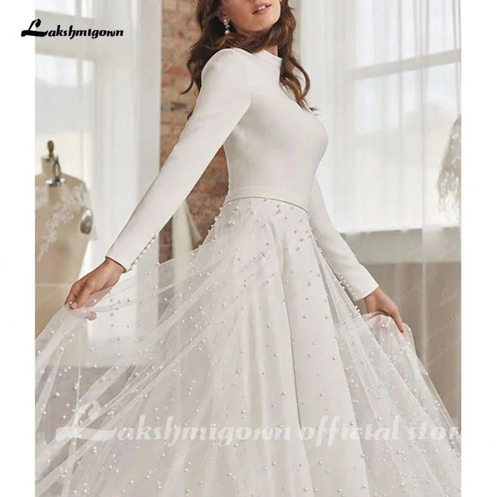 NumberSea Princess Long Sleeves Pearls Wedding Dress for women 2024 Off White Tulle A Line Bridal Gowns High Neck vestido blan