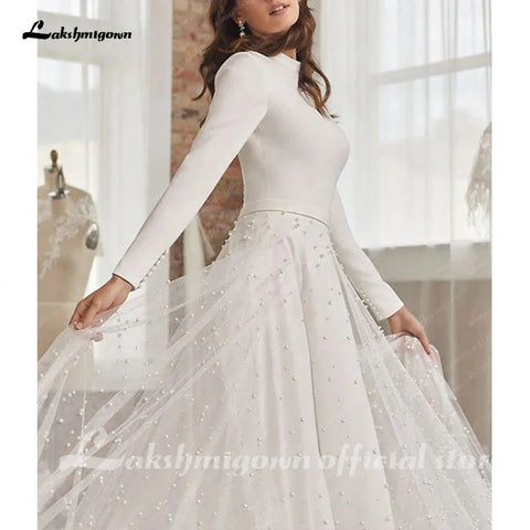 NumberSea Prinzessin Lange Ärmel Perlen Hochzeit Kleid für frauen 2024 Off White Tüll A Linie Brautkleider High Neck vestido blan 