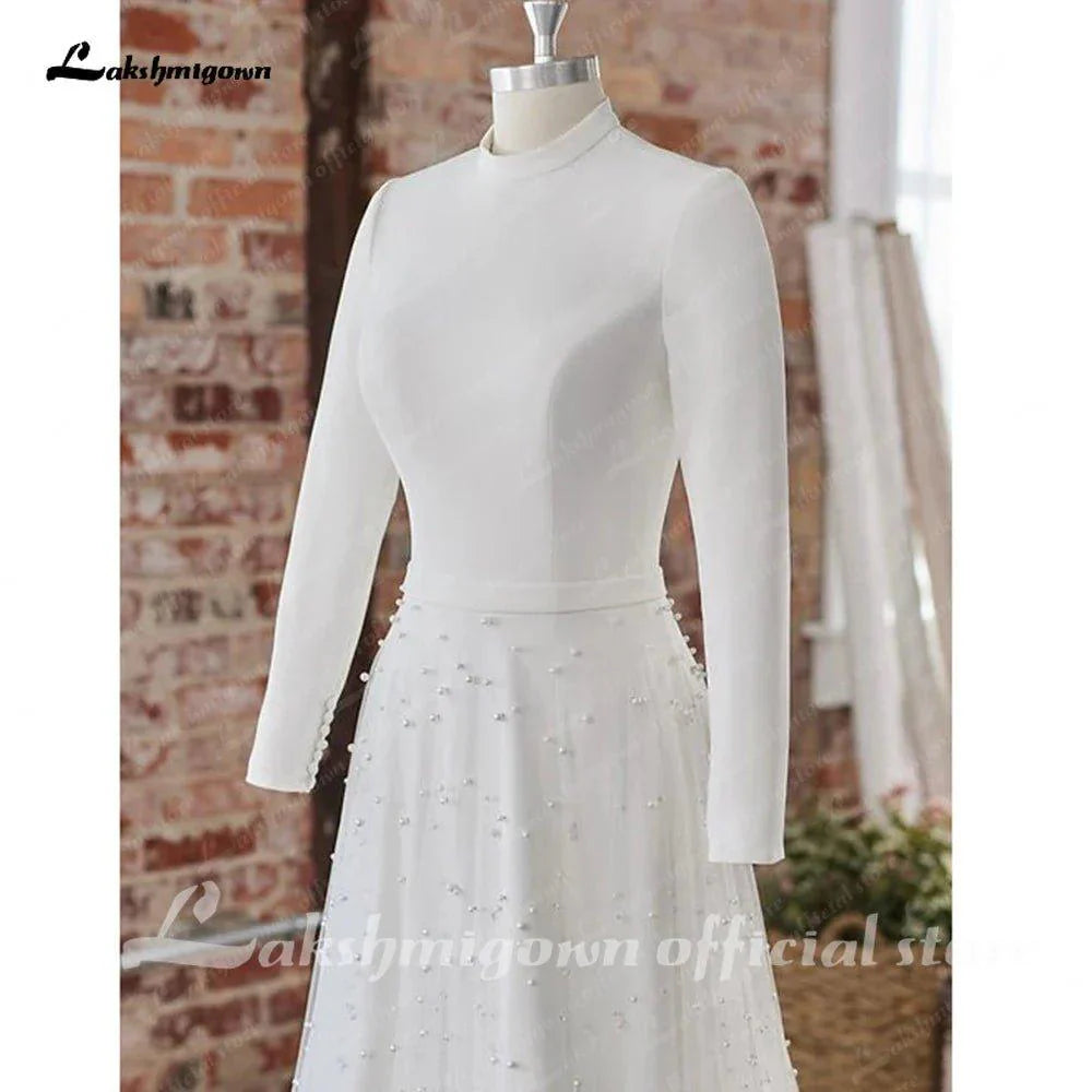 NumberSea Princess Long Sleeves Pearls Wedding Dress for women 2024 Off White Tulle A Line Bridal Gowns High Neck vestido blan