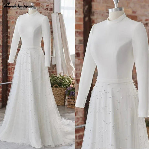 NumberSea Prinzessin Lange Ärmel Perlen Hochzeit Kleid für frauen 2024 Off White Tüll A Linie Brautkleider High Neck vestido blan 