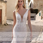 NumberSea Princess Mermaid Wedding Dress Women Elegant Lace V-neck