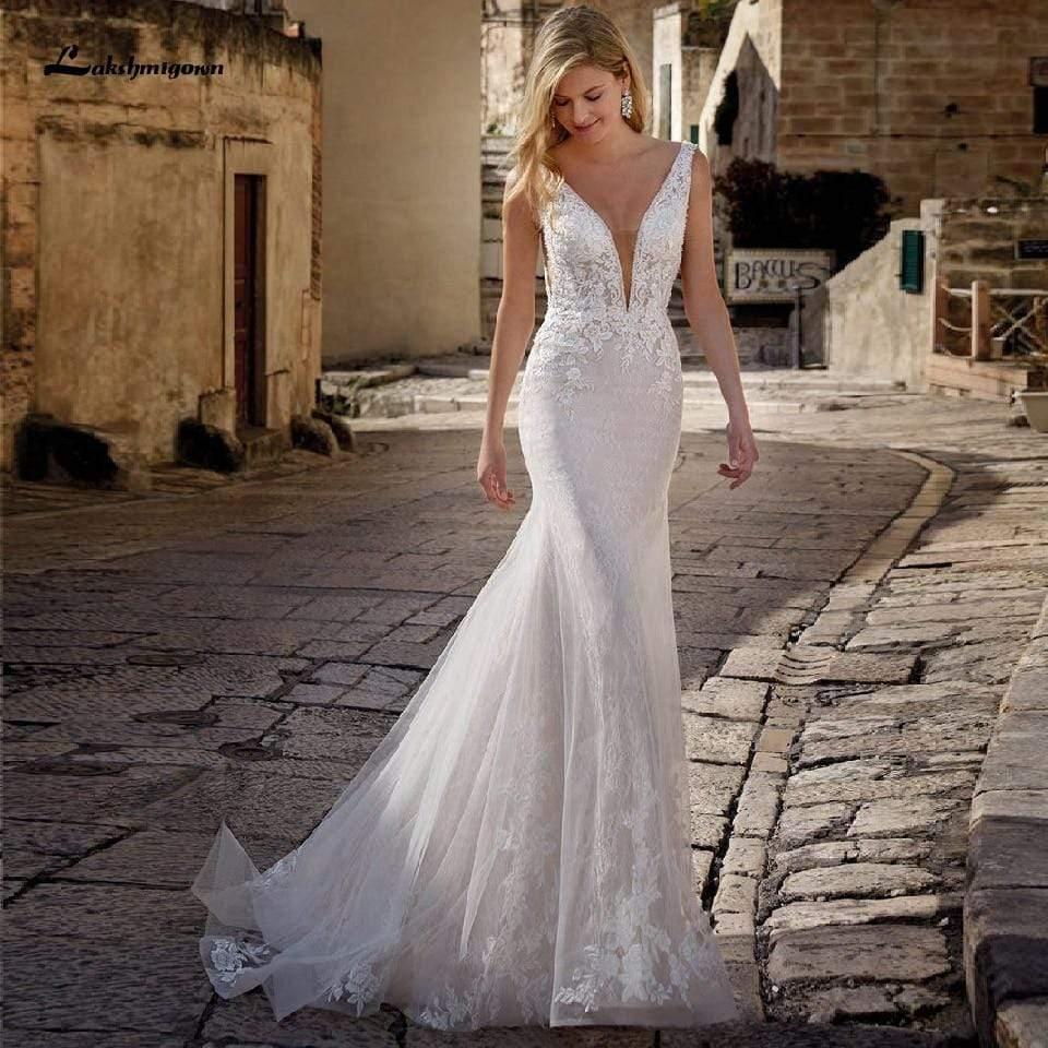 NumberSea Princess Mermaid Wedding Dress Women Elegant Lace V-neck