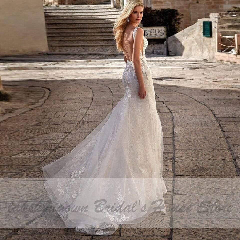 NumberSea Princess Mermaid Wedding Dress Women Elegant Lace V-neck