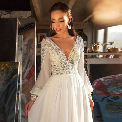 NumberSea Puffy Langarmkleid Damen Boho Brautkleider