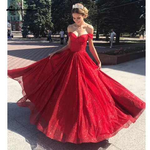 NumberSea Rotes Schulterfreies Brautkleid mit Pailletten