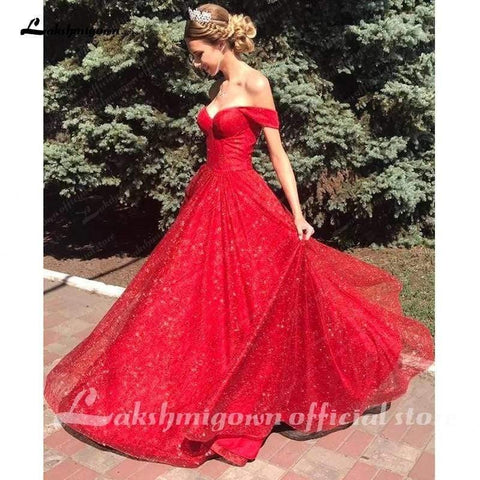 NumberSea Rotes Schulterfreies Brautkleid mit Pailletten