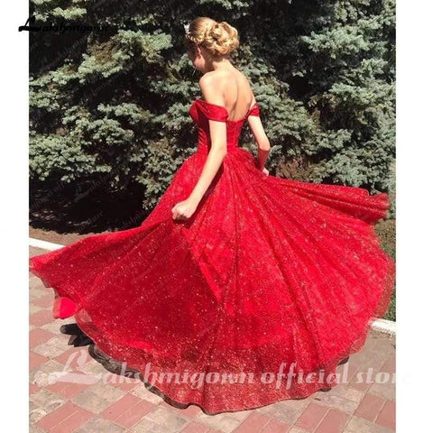 NumberSea Rotes Schulterfreies Brautkleid mit Pailletten