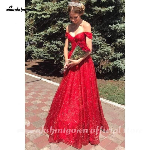 NumberSea Rotes Schulterfreies Brautkleid mit Pailletten