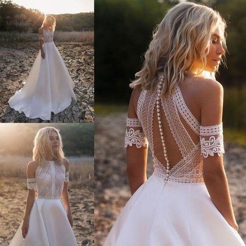 Vestidos de noiva estilo boémio NumberSea Robe De Mariee, novo design, vestidos de noiva em cetim com renda, costas abertas e botões, linha A