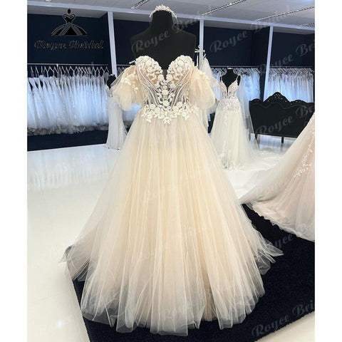 NumberSea Robe Mariee Prinzessin Spitze Schulterfreies Brautkleid mit Kappe Kurzarm Herzförmiger Ausschnitt Brautkleid Hochzeitskleid 2025 