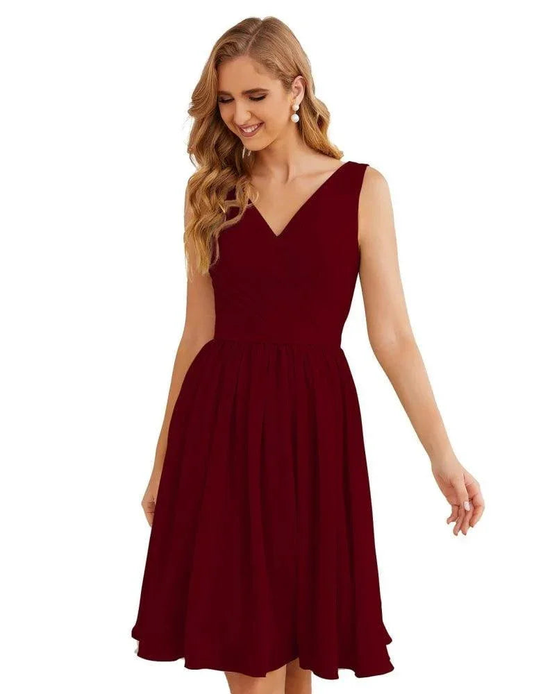 Vestidos de Dama de Honor con Escote en V de Numbersea, Chifón, Largo Corto a la Rodilla, Vestidos Formales de Baile de Graduación para Mujer, Fiesta, Regreso a Casa  SEA28062