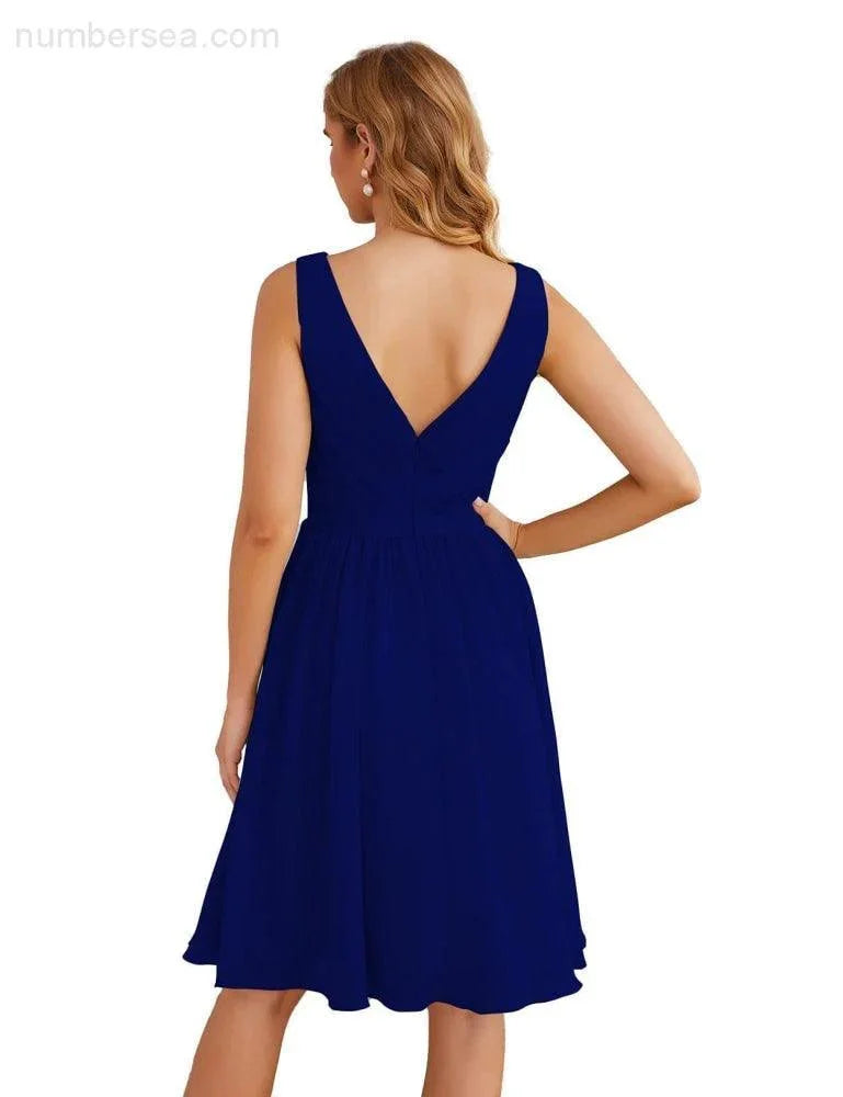 Numbersea V-Ausschnitt Brautjungfernkleider Chiffon Kurz Knie lang Formelle Abschlussballkleider für Damen Party Homecoming SEA28062