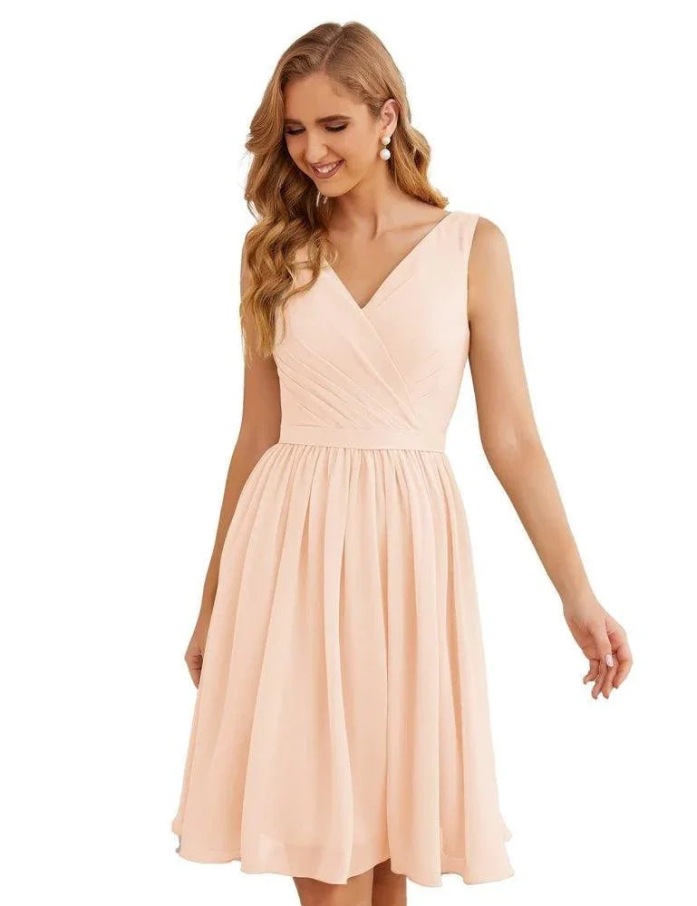 Vestidos de Dama de Honor con Escote en V de Numbersea, Chifón, Largo Corto a la Rodilla, Vestidos Formales de Baile de Graduación para Mujer, Fiesta, Regreso a Casa  SEA28062