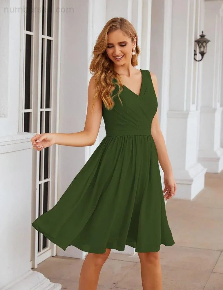 Numbersea V-Ausschnitt Brautjungfernkleider Chiffon Kurz Knie lang Formelle Abschlussballkleider für Damen Party Homecoming SEA28062