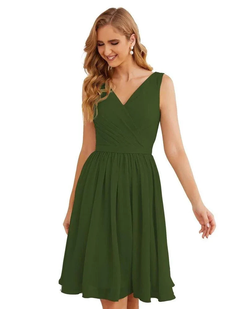 Vestidos de Dama de Honor con Escote en V de Numbersea, Chifón, Largo Corto a la Rodilla, Vestidos Formales de Baile de Graduación para Mujer, Fiesta, Regreso a Casa  SEA28062
