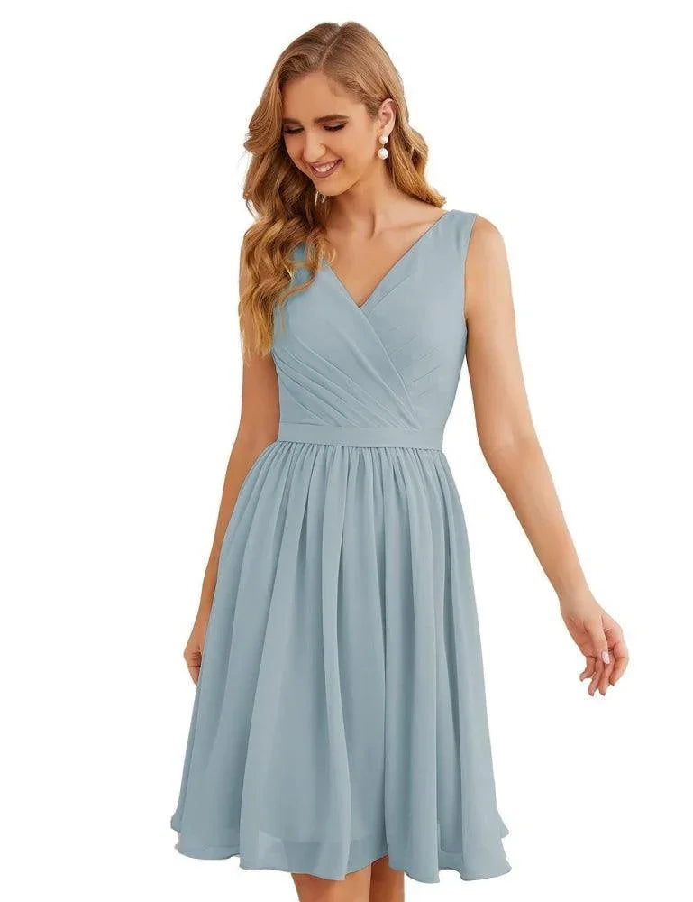 Vestidos de Dama de Honor con Escote en V de Numbersea, Chifón, Largo Corto a la Rodilla, Vestidos Formales de Baile de Graduación para Mujer, Fiesta, Regreso a Casa  SEA28062